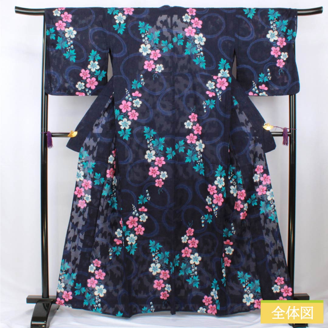 浴衣 木綿 身丈162cm 裄丈69cm Sランク 紗 紺系 褐色(かちいろ) 撫子 1118006402418