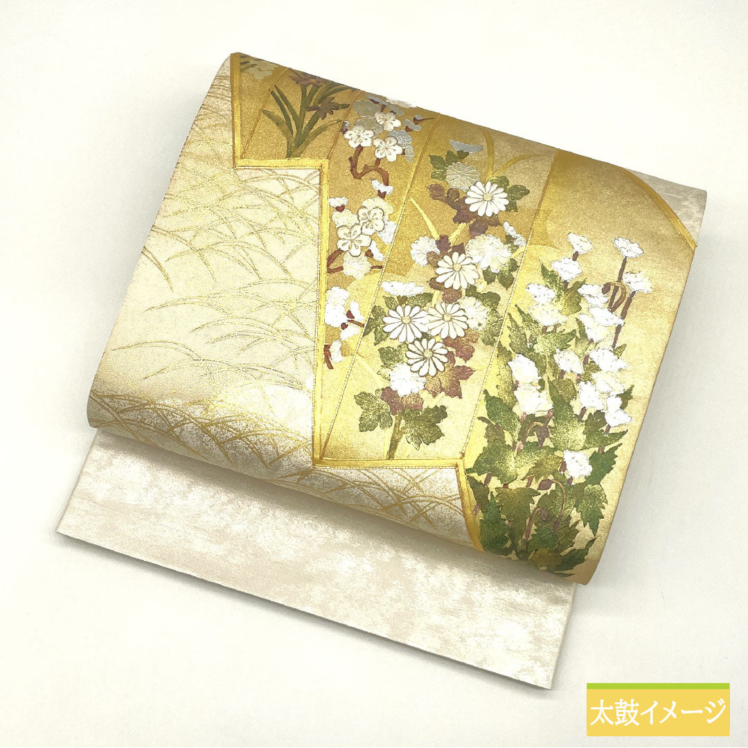 袋帯 正絹 Aランク 引箔 西陣織 部分刺繍 衝立 草花模様 帯丈426cm ポイント柄 フォーマル 銀系 1123016473322