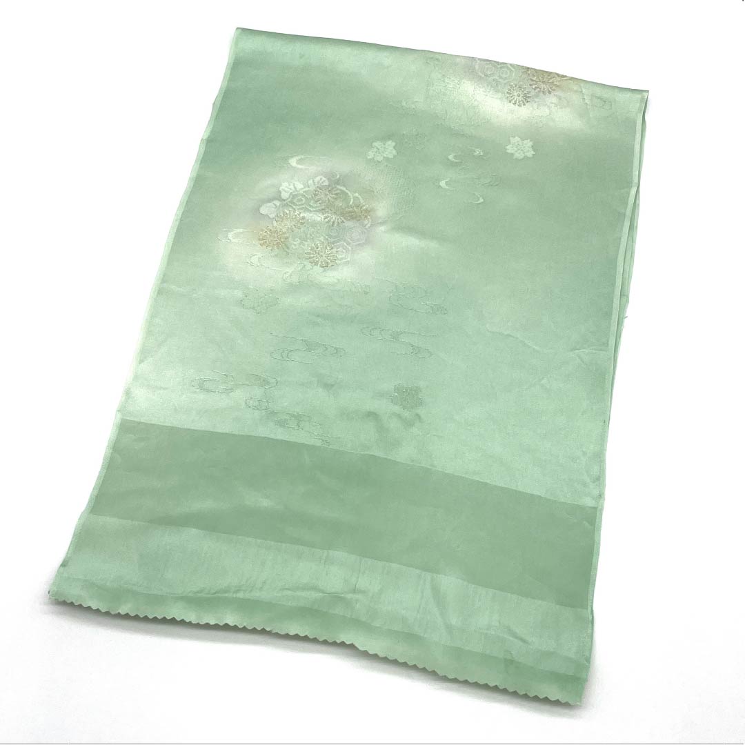 帯揚げ 正絹 Aランク セミフォーマル 薄緑色(うすみどりいろ) 桜 流水 亀甲 長さ約180cm 幅約30.5cm 緑系 1136002443919