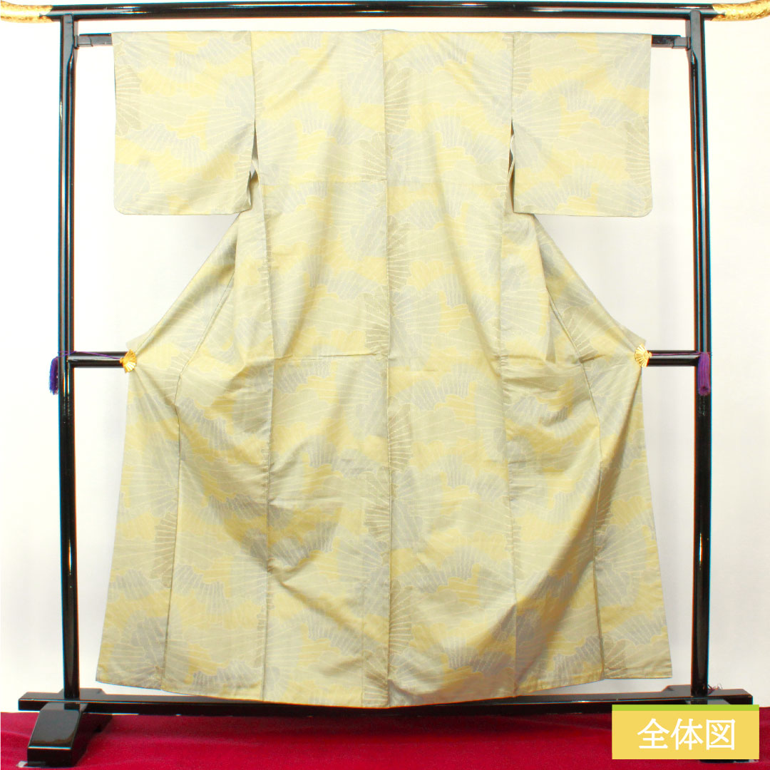 Silk pongee, Length 160cm, Sleeve length 62.5cm, Rikyu white brown, Oshima pongee, Weft-to-weave kasuri, Abstract pattern, S rank, Lined, Gray, 1116003652422