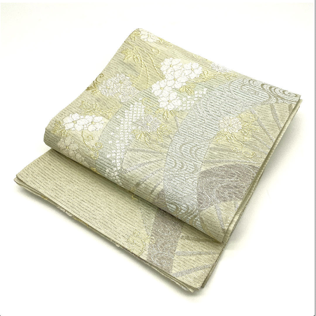 袋帯 絽 夏 流水 草花模様 帯丈441cm 正絹 Sランク 六通 フォーマル 白系 1123004392311