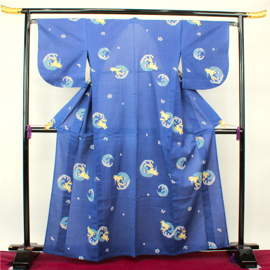 浴衣 桔梗色 ウサギ 桜 木綿 Sランク 単衣 身丈162.5cm 裄丈65.5cm 青系 1118002962417