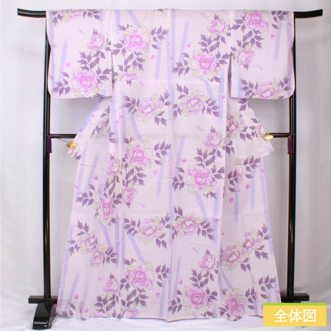 浴衣 木綿 身丈166cm 裄丈67.5cm Aランク 単衣 紫系 淡藤色(うすふじいろ) 牡丹 竹 1118006053520