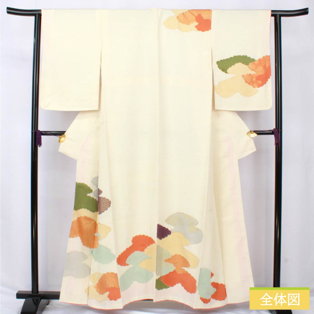 訪問着 正絹 Aランク 袷 身丈157.5cm 裄丈62cm 乳白色(にゅうはくしょく) 京友禅 雲取り しつけ糸付き 白系 1112006563311