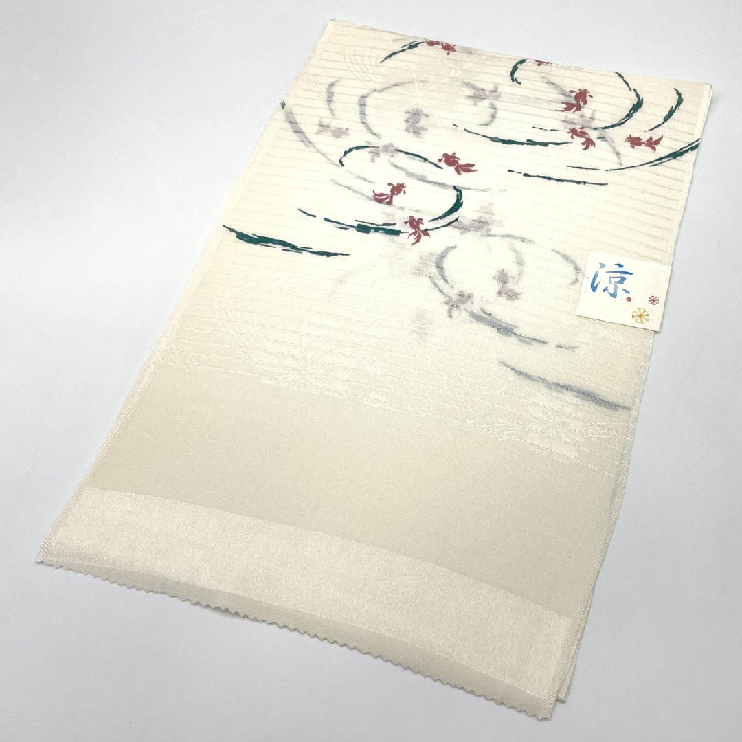 (新品)帯揚げ 正絹 セミフォーマル 乳白色(にゅうはくしょく) 夏物 金魚 古典柄 長さ約168cm 幅約27.5cm NEWランク 白系 1136000871911