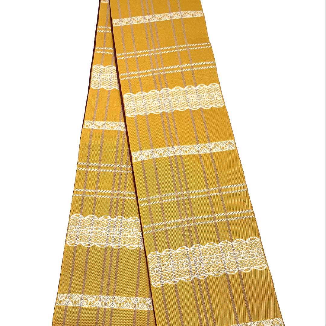 半幅帯 ポリエステル 帯丈386cm 雄黄色(ゆうおういろ) レース模様 格子模様 赤紫色(あかむらさきいろ) ドット 幾何学模様 黄系 Sランク 1125001472323