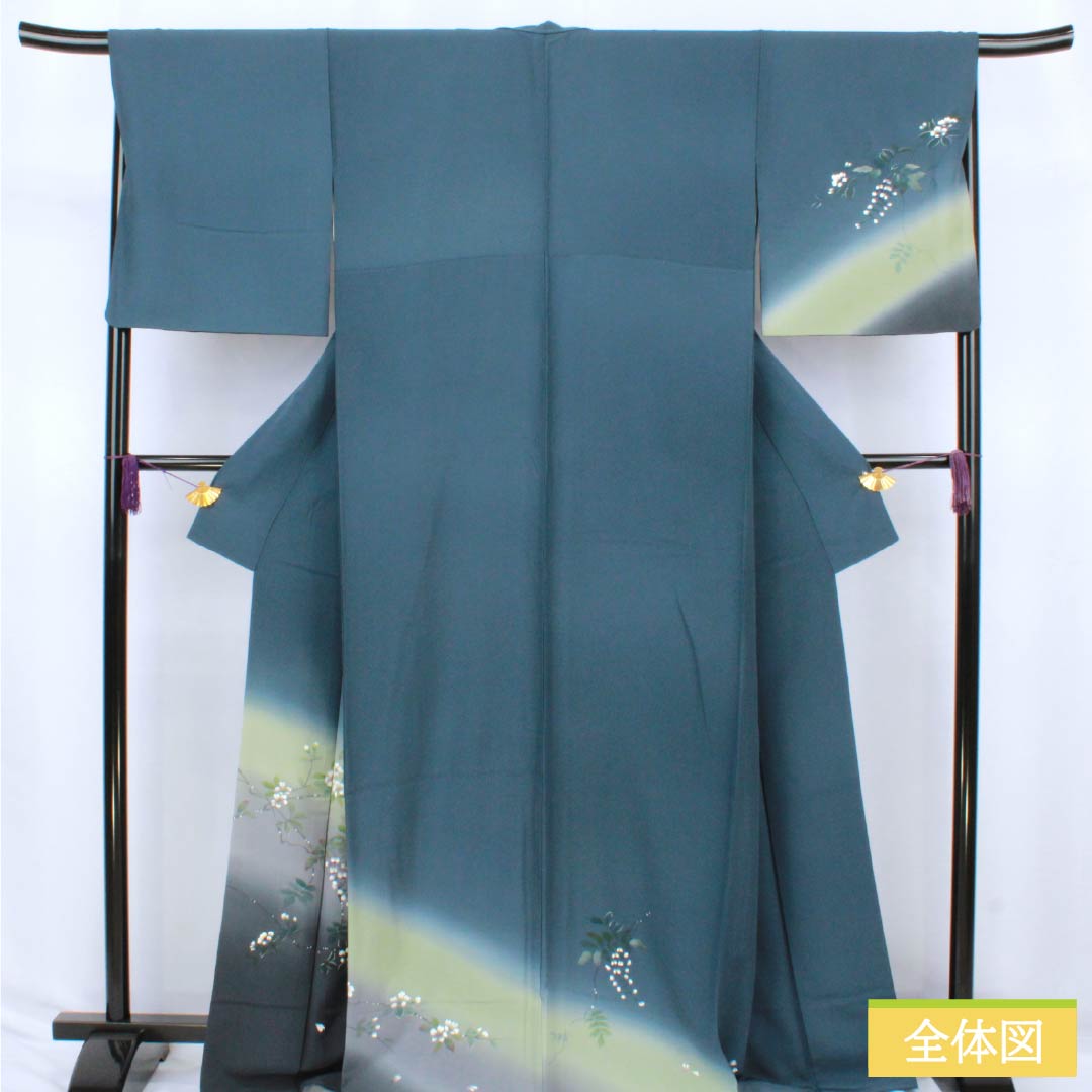 訪問着 正絹 Aランク 袷 身丈165.5cm 裄丈67cm 裏色(うらいろ) 京友禅 付下げ 草花 青系 1112006773517