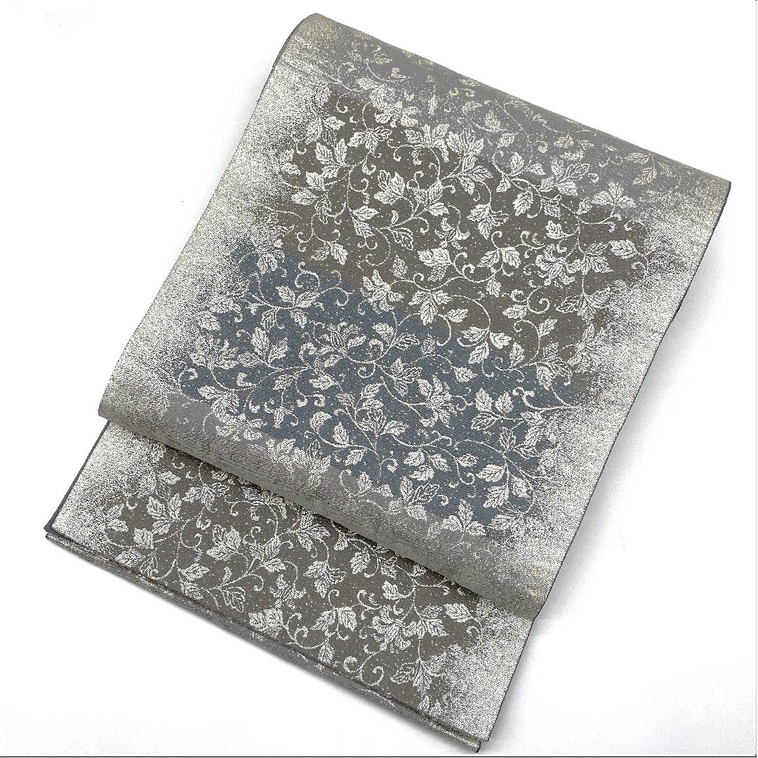 袋帯 水銀色(すいぎんいろ) 銀通し 唐草模様 帯丈430cm 正絹 Sランク 六通 セミフォーマル グラデーション系 1123008792399