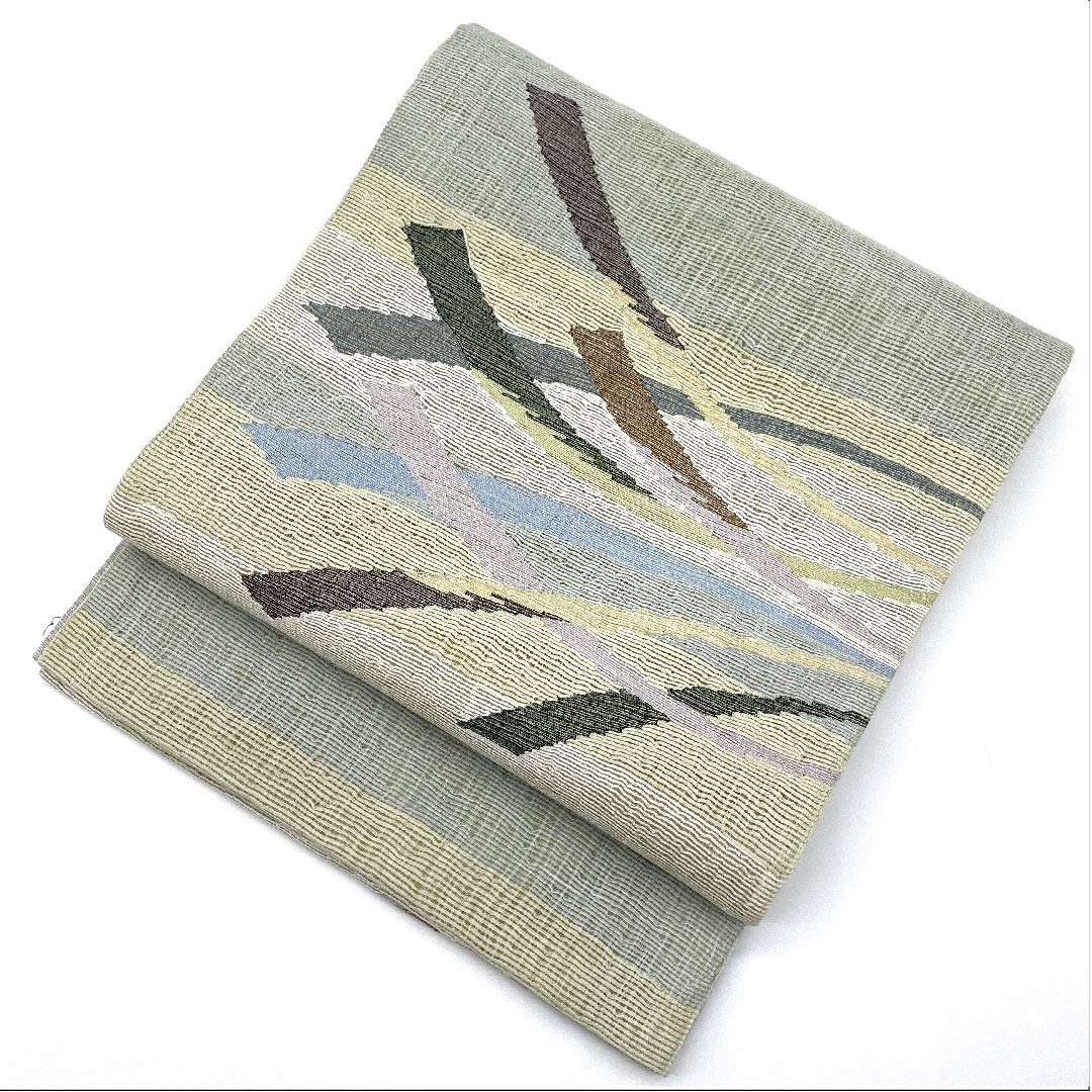 袋帯 青磁色(せいじいろ) 夏帯 横段 抽象模様 帯丈440cm 正絹 Aランク ポイント柄 カジュアル グラデーション系 1123007383399