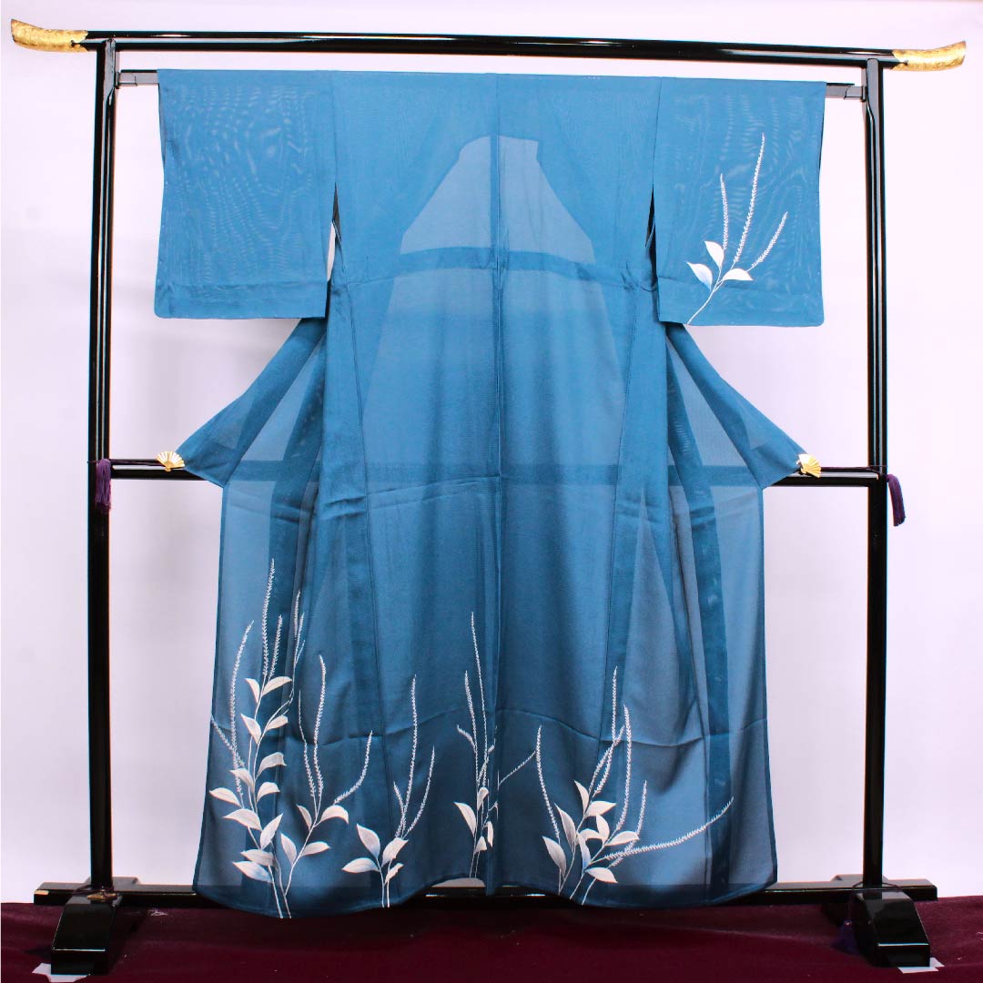 夏物 正絹 訪問着 身丈154.5cm 裄丈63.5cm 中縹色(なかのはなだいろ) 葉模様 しつけ付き 未使用品 絽 Aランク 青系 1132000353217