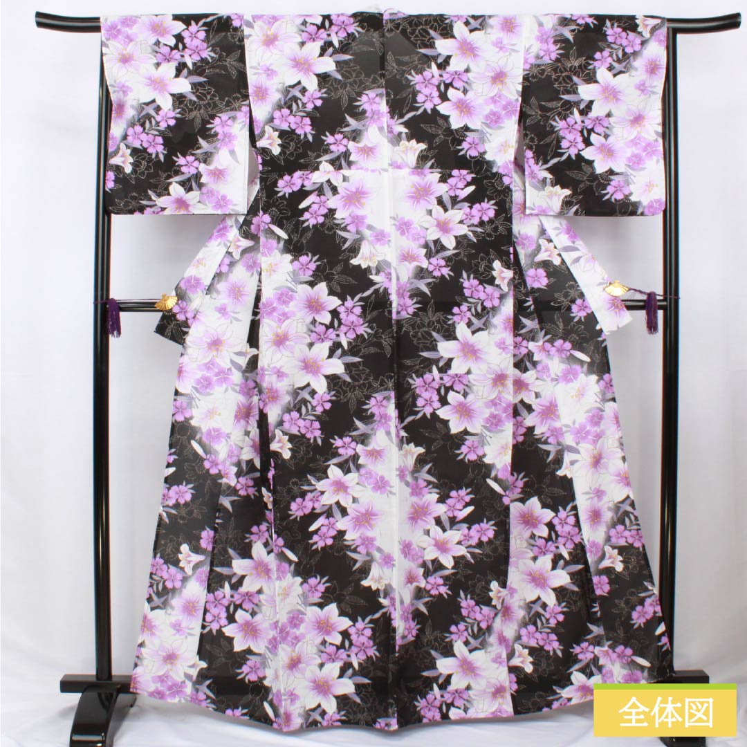 浴衣 木綿 身丈164cm 裄丈65cm Sランク 単衣 モノトーン 洋花 ラメ 1118006542427