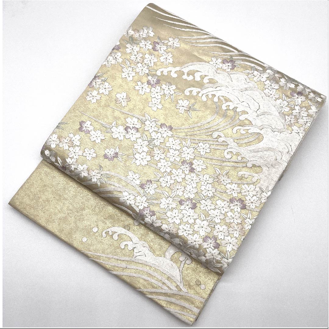 袋帯 薄卵色(うすたまごいろ) 刺繍 桜 波 露芝 帯丈450cm 正絹 Sランク 六通 フォーマル クリーム系 1123008152315