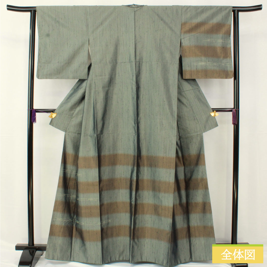 訪問着 正絹 袷 身丈163.5cm 裄丈63.5cm 深川鼠色(ふかがわねずいろ) 紬地 抽象模様 Sランク 緑系 1112005872419
