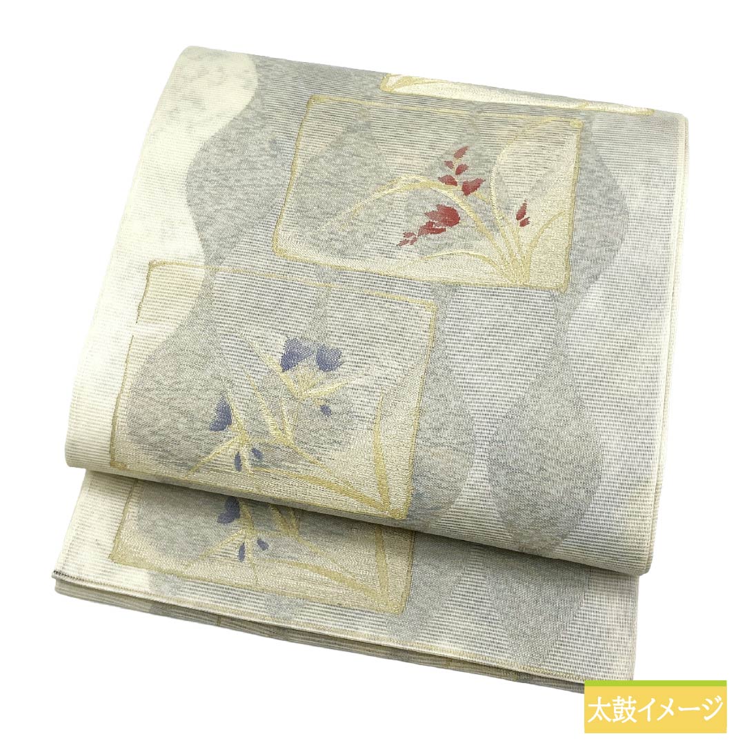 リサイクル着物】袋帯 正絹 Aランク 夏帯 色紙取り 草葉模様 帯丈442cm