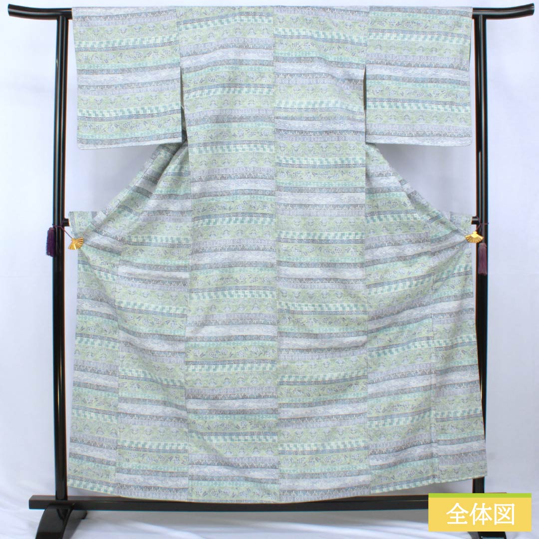 紬 正絹 Aランク 身丈160.5cm 裄丈62.5cm 更紗模様 横段 袷 グラデーション系 1116005103499