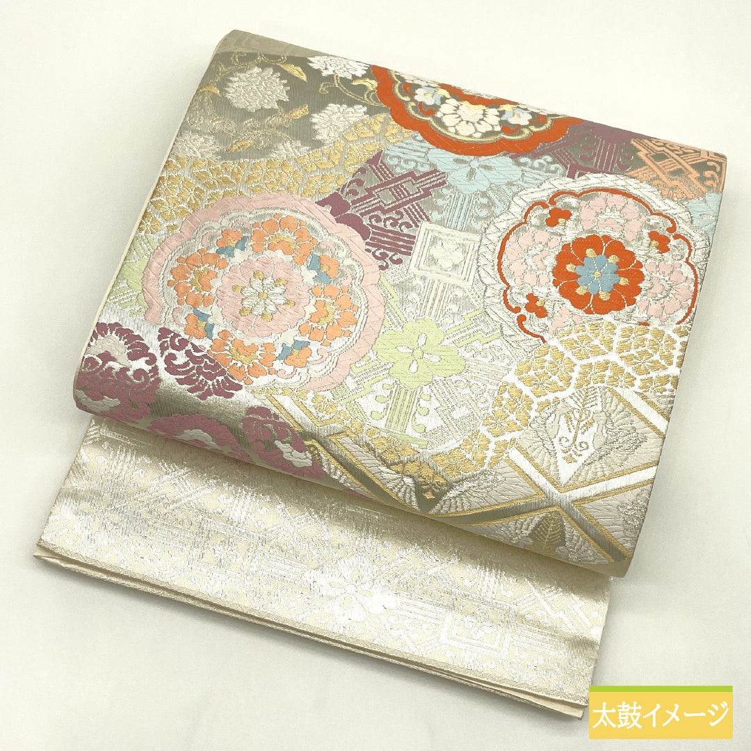 袋帯 正絹 Sランク 吉祥文様 西陣織 帯丈428cm ポイント柄 フォーマル 銀系 1123017332322