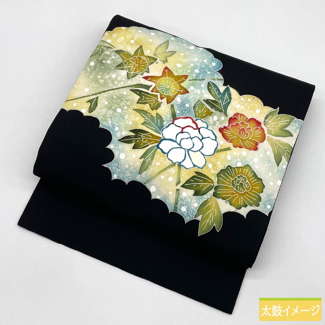 名古屋帯 正絹 Bランク 塩瀬 染め帯 草花模様 帯丈388cm ポイント柄 カジュアル 黒系 1124009824410 名古屋仕立て