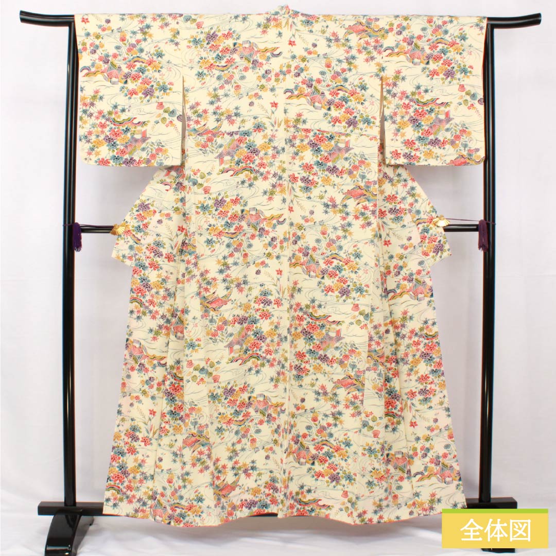 小紋 正絹 身丈158.5cm 裄丈64cm 袷 練色(ねりいろ) 型染 紅型調 茶屋辻 Aランク クリーム系 1115005103315