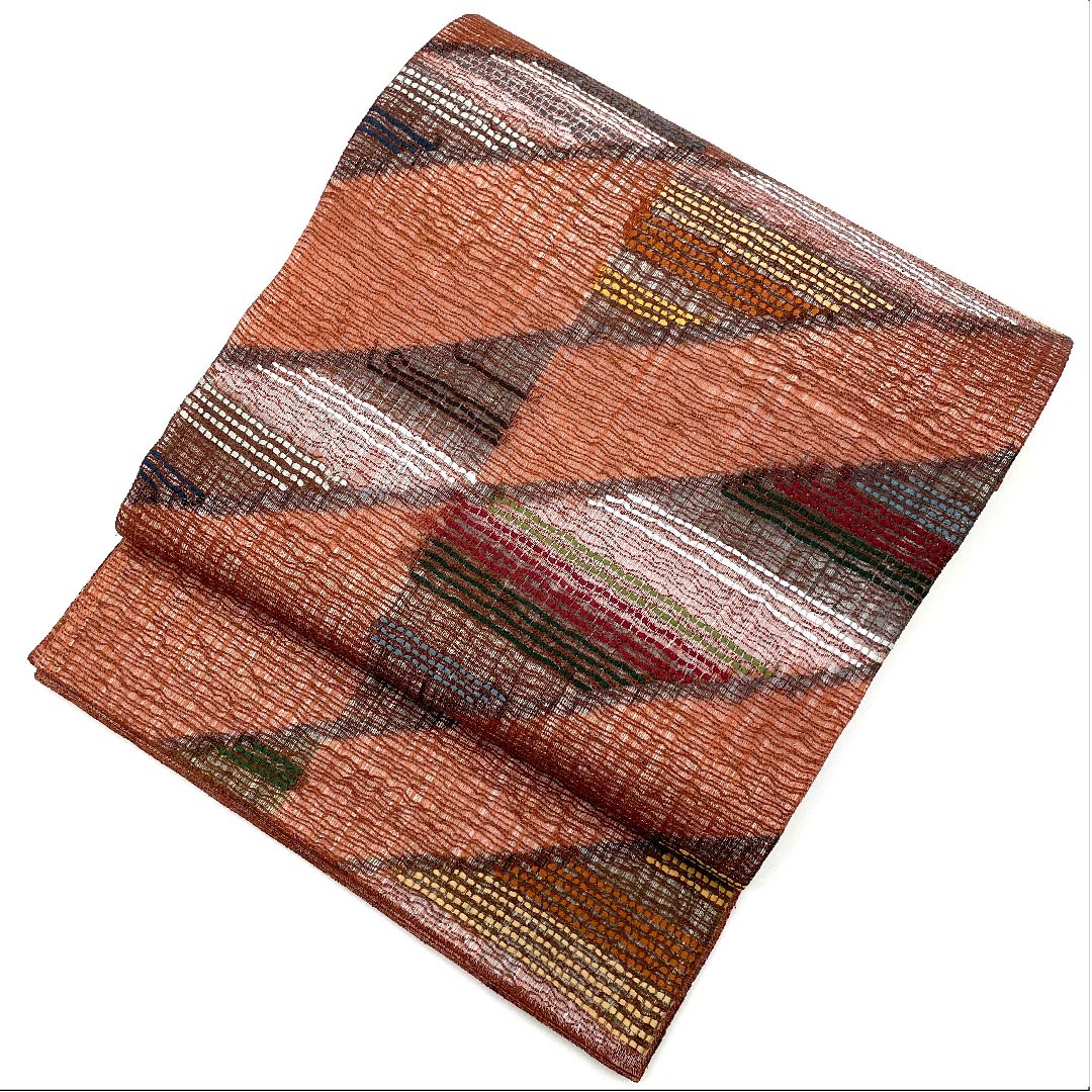Fukuro Obi (Bengara-iro) Geometric Pattern Length 436cm Pure Silk S Rank Six-way Casual Brown 1123007912314