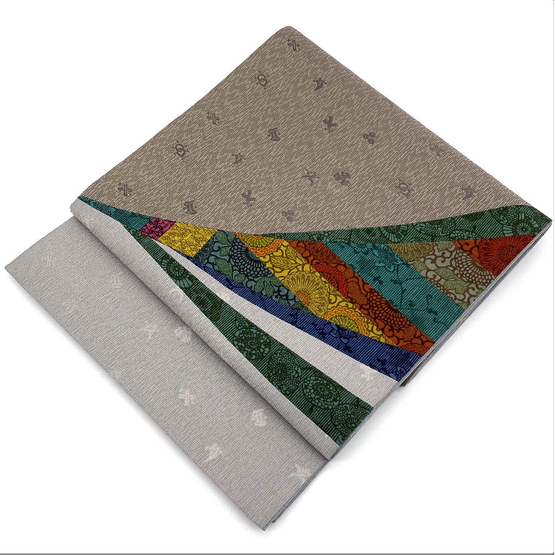 袋帯 錫色(すずいろ) 灰汁鼠色(あくねずいろ) 人間国宝 切嵌め 帯丈444cm 正絹 Aランク ポイント柄 カジュアル グレー系 1123006723322