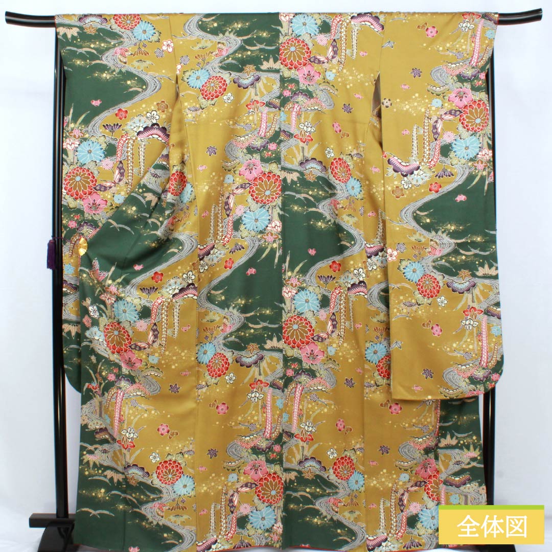 振袖 正絹 Aランク 身丈168cm 裄丈68cm 袷 菜種油色(なたねあぶらいろ) 京友禅 紗綾形 慶長柄 綸子生地 黄系 1113002523523