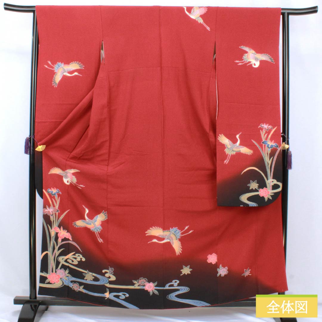 振袖 正絹 Sランク 身丈161.5cm 裄丈63.5cm 袷 生臙脂色(しょうえんじいろ) 京紅型 鶴 流水 桜 菖蒲 赤系 1113002372412