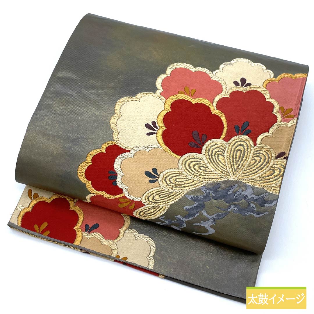 袋帯 正絹 素鼠色(すねずいろ) 藤原織物 松 帯丈440cm Sランク 六通 フォーマル グレー系 1123013802322