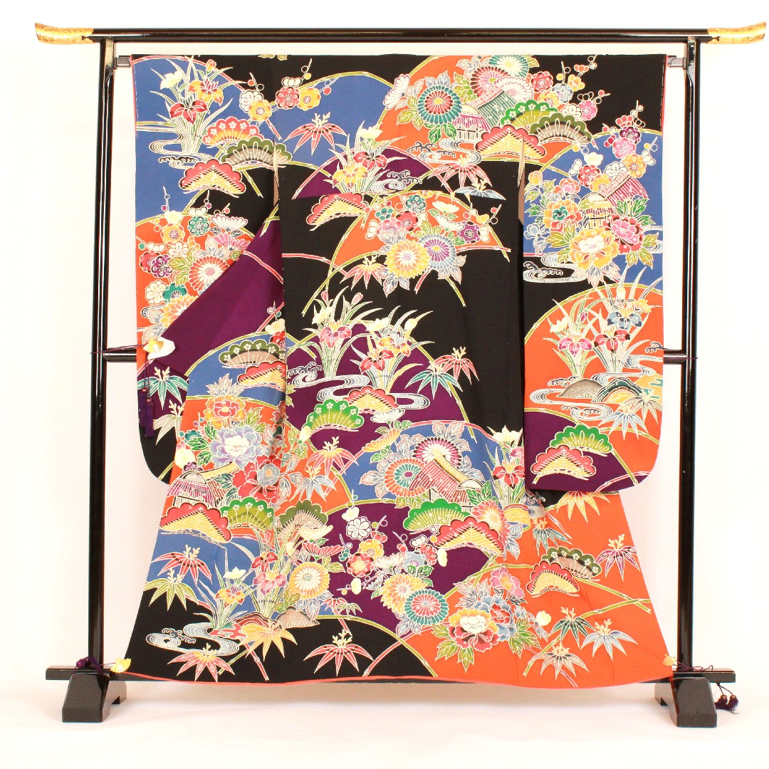 振袖 身丈160cm 裄丈68cm 袷 京紅型 松竹梅 正絹 Aランク 黒系 1113000363410