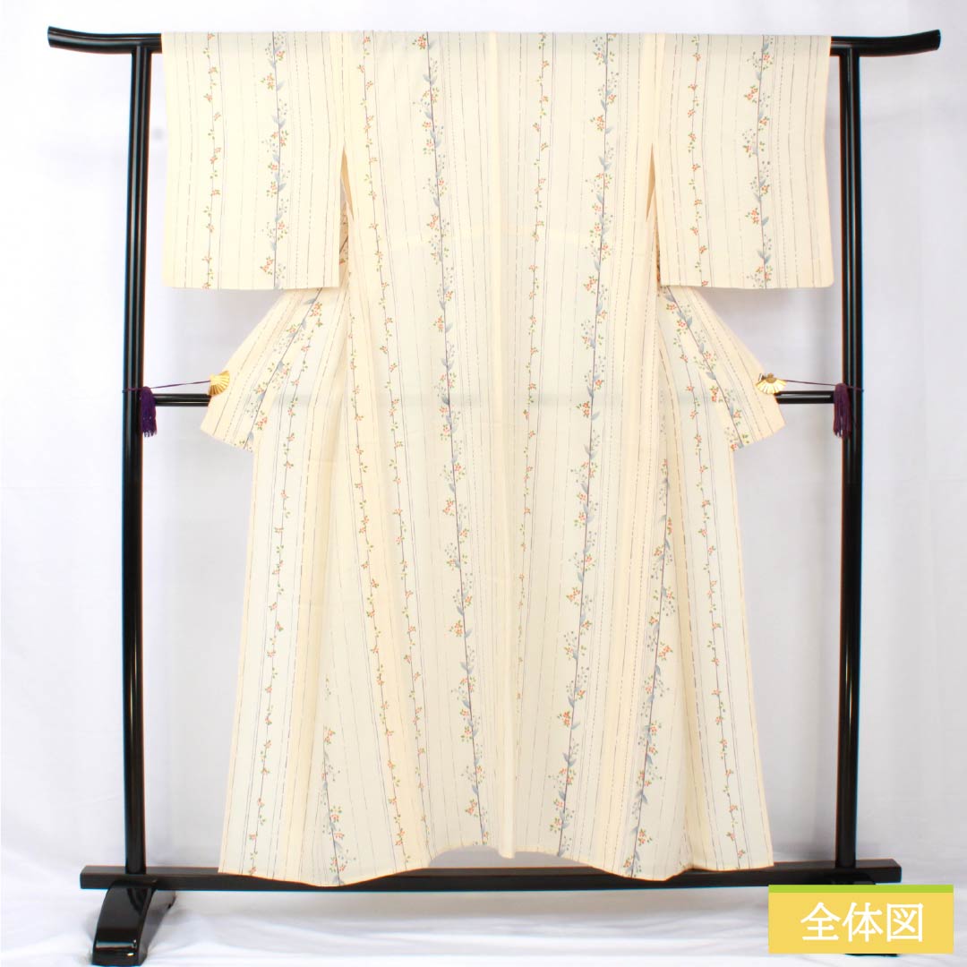 夏物 正絹 小紋 身丈153cm 裄丈62cm 生成り色(きなりいろ) 京友禅 縞 小花 絽 Aランク クリーム系 1132002053215