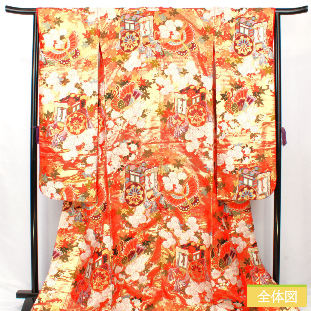色打掛 正絹 Aランク 身丈184cm 裄丈60.5cm 唐織 蝶 草花模様 袷 朱系 1110001003916