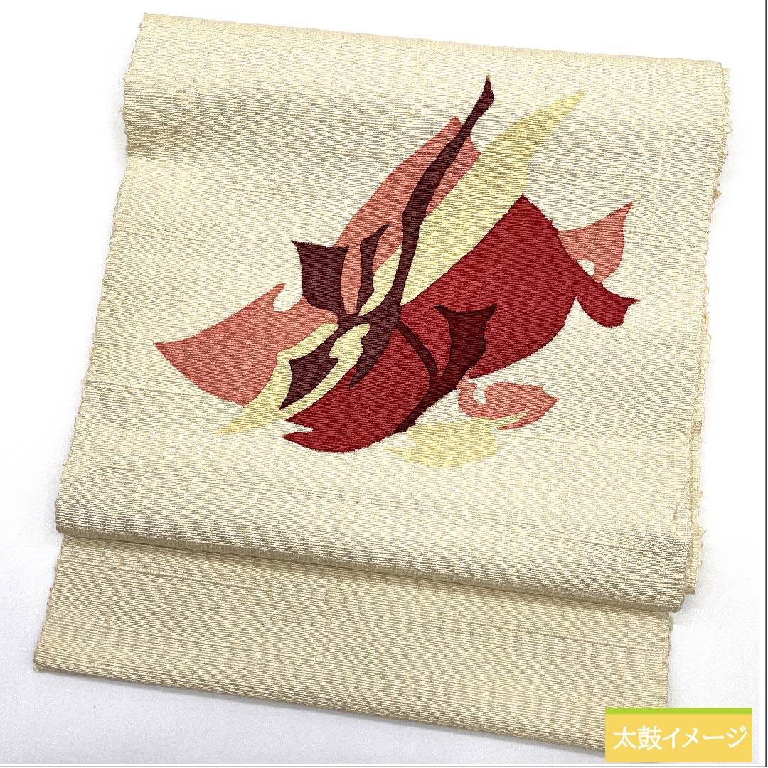 名古屋帯 生成り色 染帯 紬地 抽象模様 帯丈374.5cm 正絹 Sランク ポイント柄 カジュアル クリーム系 1124005982315 松葉仕立て