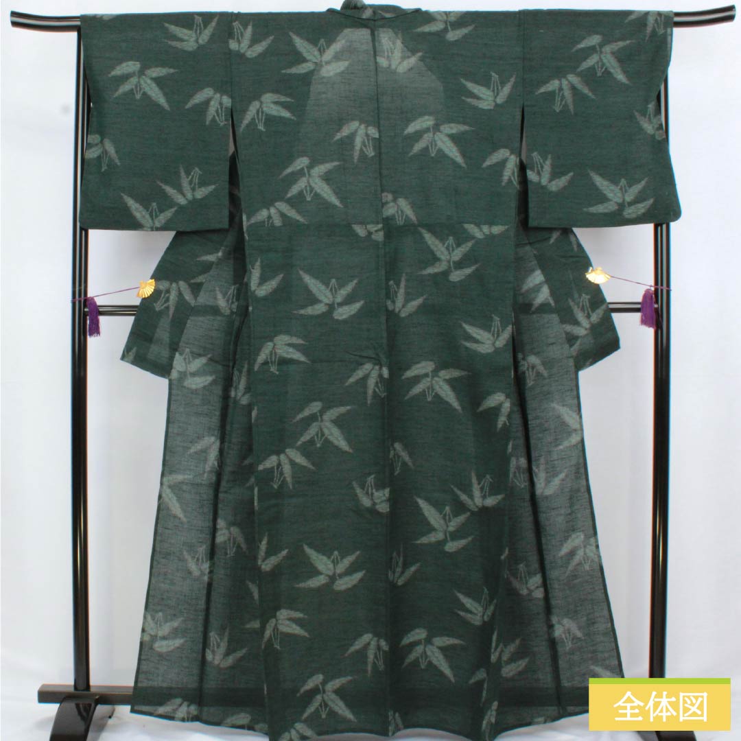 夏物 綿麻 紬 身丈163cm 裄丈67.5cm 鉄色(てついろ) 竹の葉 紗 Aランク 緑系 1132002823419