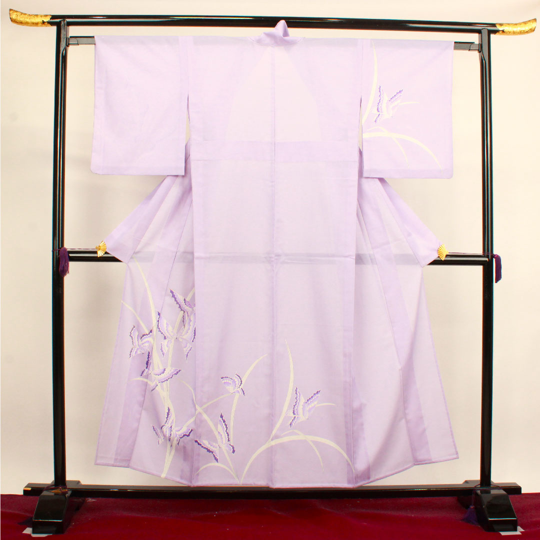 夏物 ポリエステル 訪問着 身丈152cm 裄丈61.5cm 淡紫色(たんししょく) 洗える着物 蝶 絽 Sランク 紫系 1132000682220