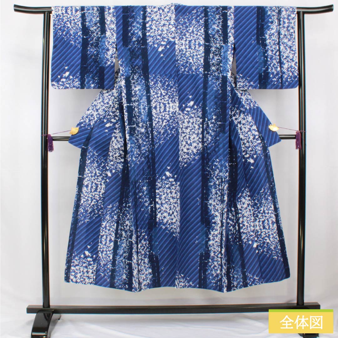 浴衣 木綿 身丈144.5cm 裄丈62.5cm Sランク 単衣 青系 抽象模様 1118006642117