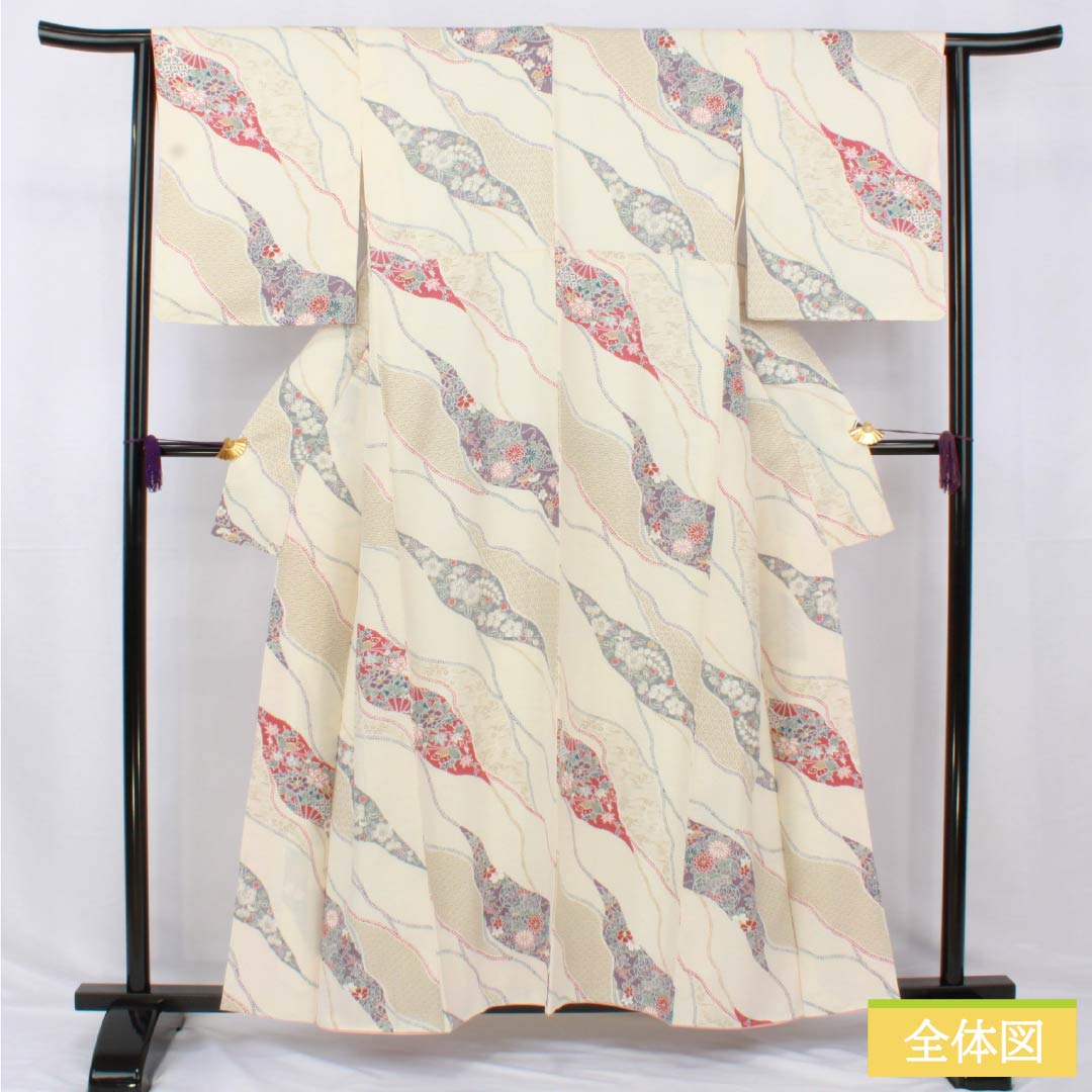 小紋 正絹 身丈158cm 裄丈63.5cm 袷 乳白色(にゅうはくしょく) 割付け 古典柄 Aランク 白系 1115005233311
