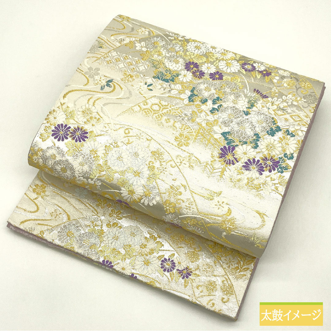 袋帯 正絹 Sランク 遠山蒔絵文 西陣織 帯丈444cm 六通 フォーマル 銀系 1123016982322