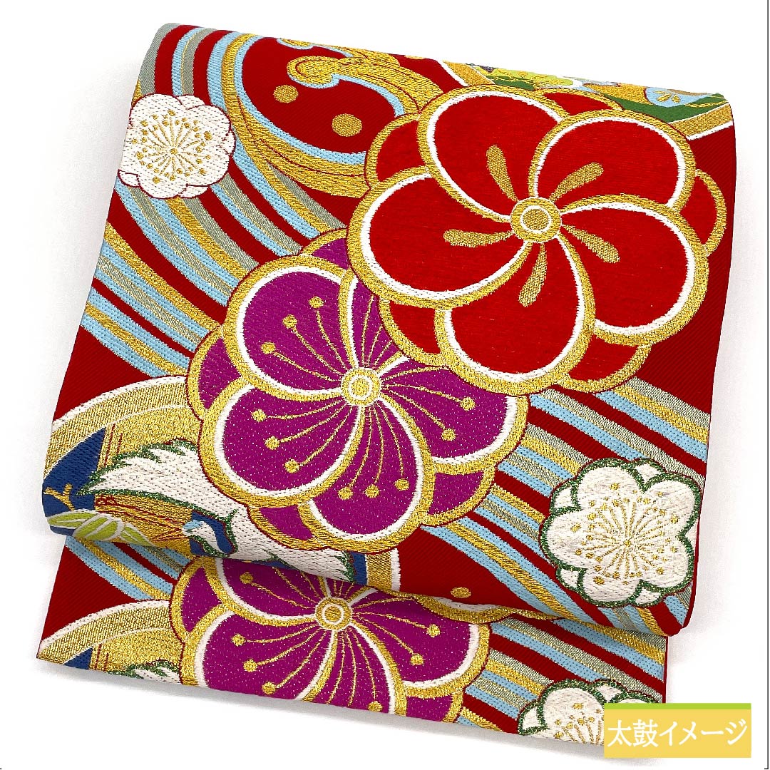 袋帯 正絹 土耳古赤色(とるこあかいろ) 流水 ねじり梅 松竹梅 丸に鶴 帯丈444cm Aランク 六通 フォーマル 赤系 1123011573312