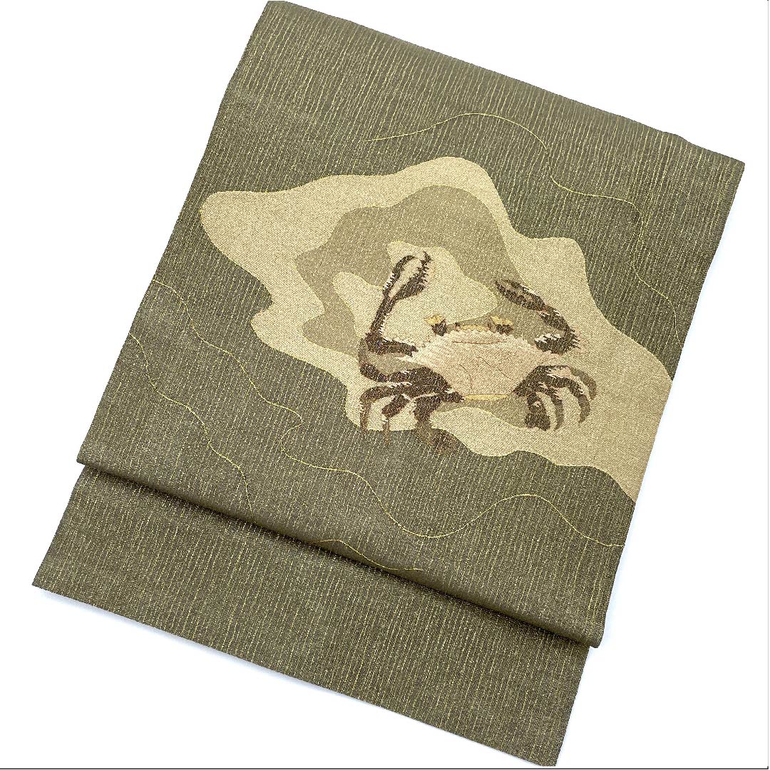 名古屋帯 消炭鼠色 カニ柄 帯丈375cm 正絹 Sランク ポイント柄 セミフォーマル グレー系 1124005062322 名古屋仕立て