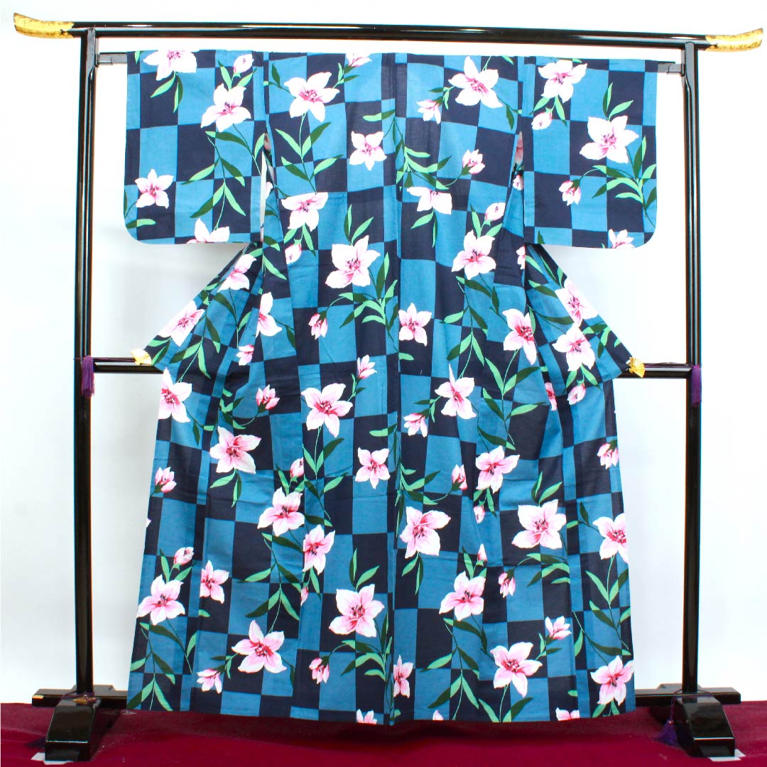 浴衣 濃紺色 サフランモドキ 市松 木綿 Sランク 単衣 身丈161cm 裄丈65.5cm 紺系 1118004112418