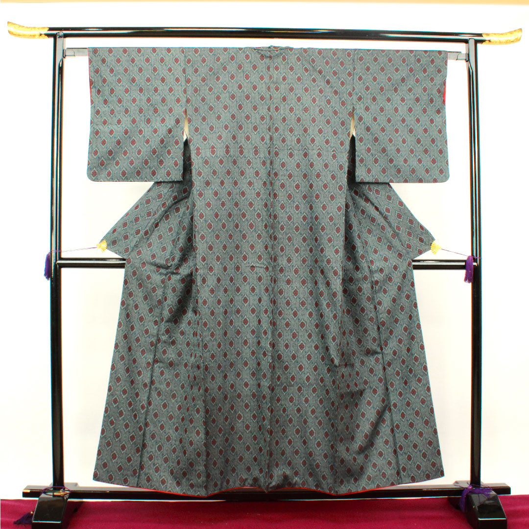 村山大島 身丈154cm 裄丈63cm 幾何学模様 正絹 Aランク 袷 紺系 1116002133218