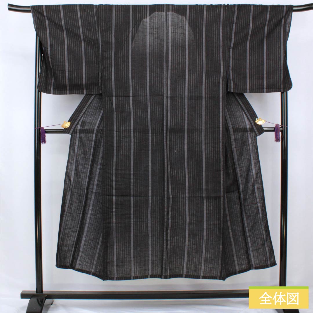 男性用浴衣 綿麻 身丈145.5cm 裄丈72.5cm リバーシブル 縞 龍 紺桔梗色(こんききょういろ) Sランク 単衣 黒系 1138000022410