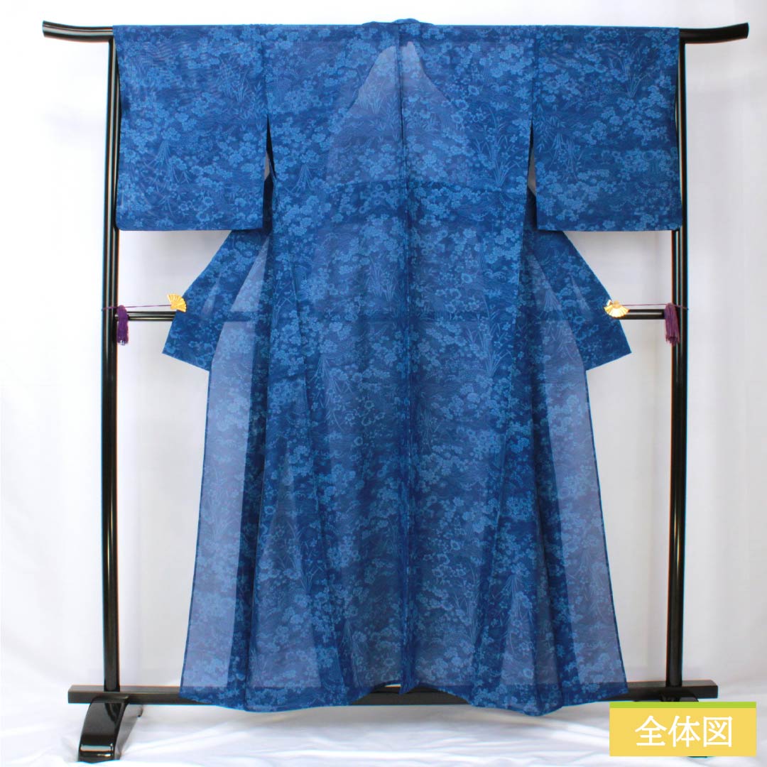 Summer pure silk komon length 157cm sleeve length 65cm navy bellflower color (konkikyo-iro) Kyoto Bingata plant dyeing Gosen silk A rank navy 1132002123318