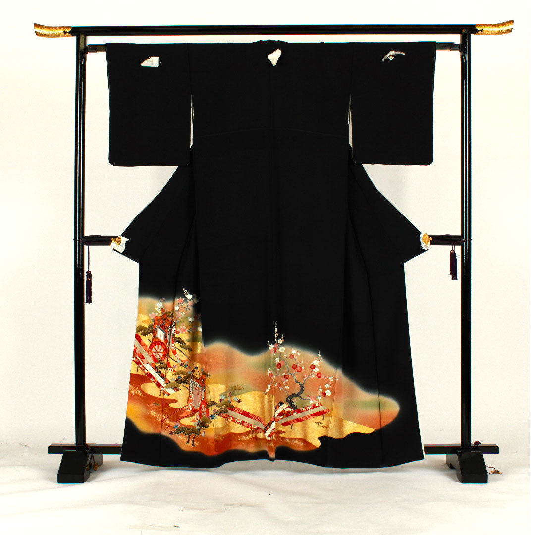 黒留袖 身丈161.5cm 裄丈64cm 袷 京友禅 御所車 木瓜 正絹 Sランク 五つ紋 黒系 1111000272410