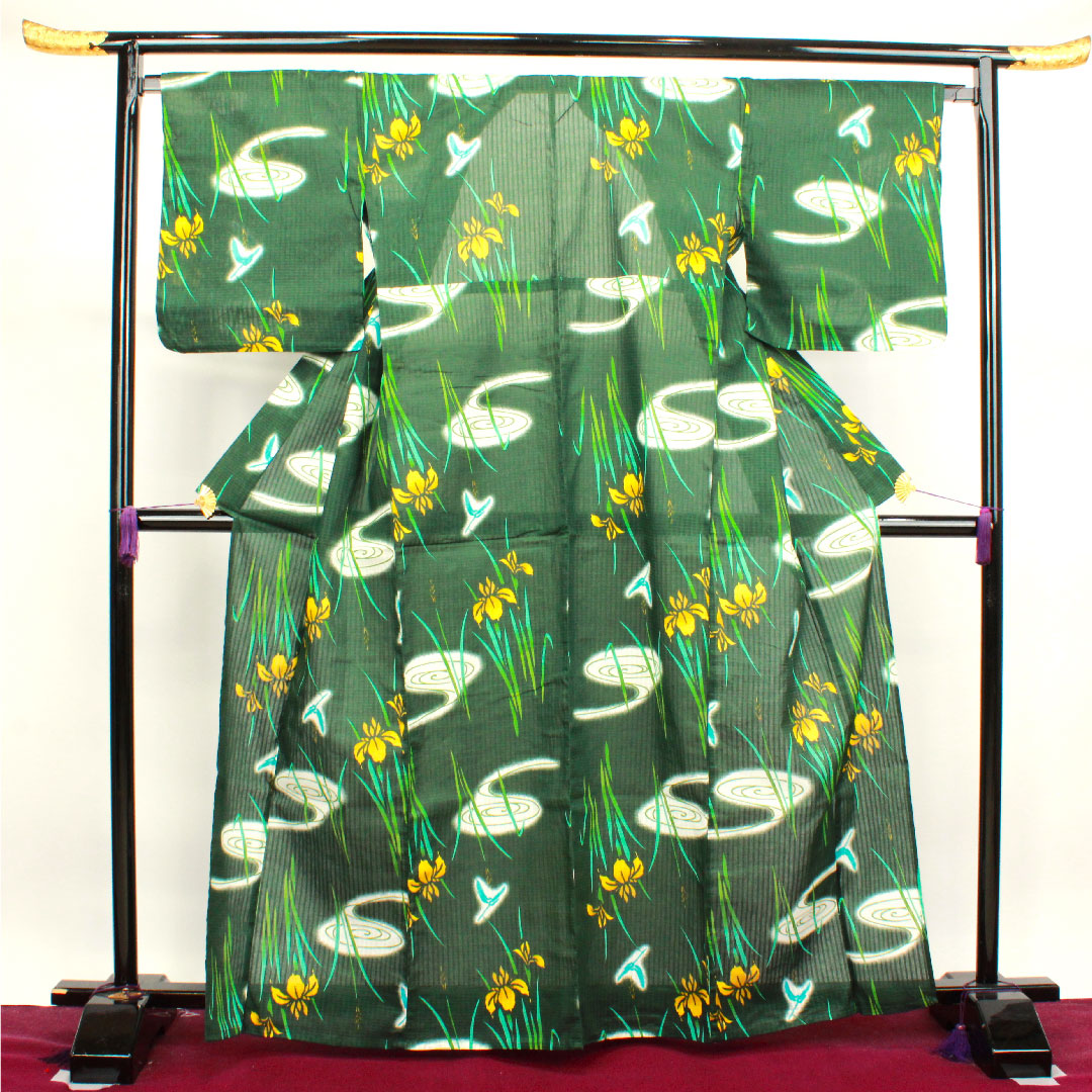 再生和服] 浴衣，深绿色，鸢尾花，蜻蜓，棉，S级，单层，长度165.5厘米，绿色，1118003832519