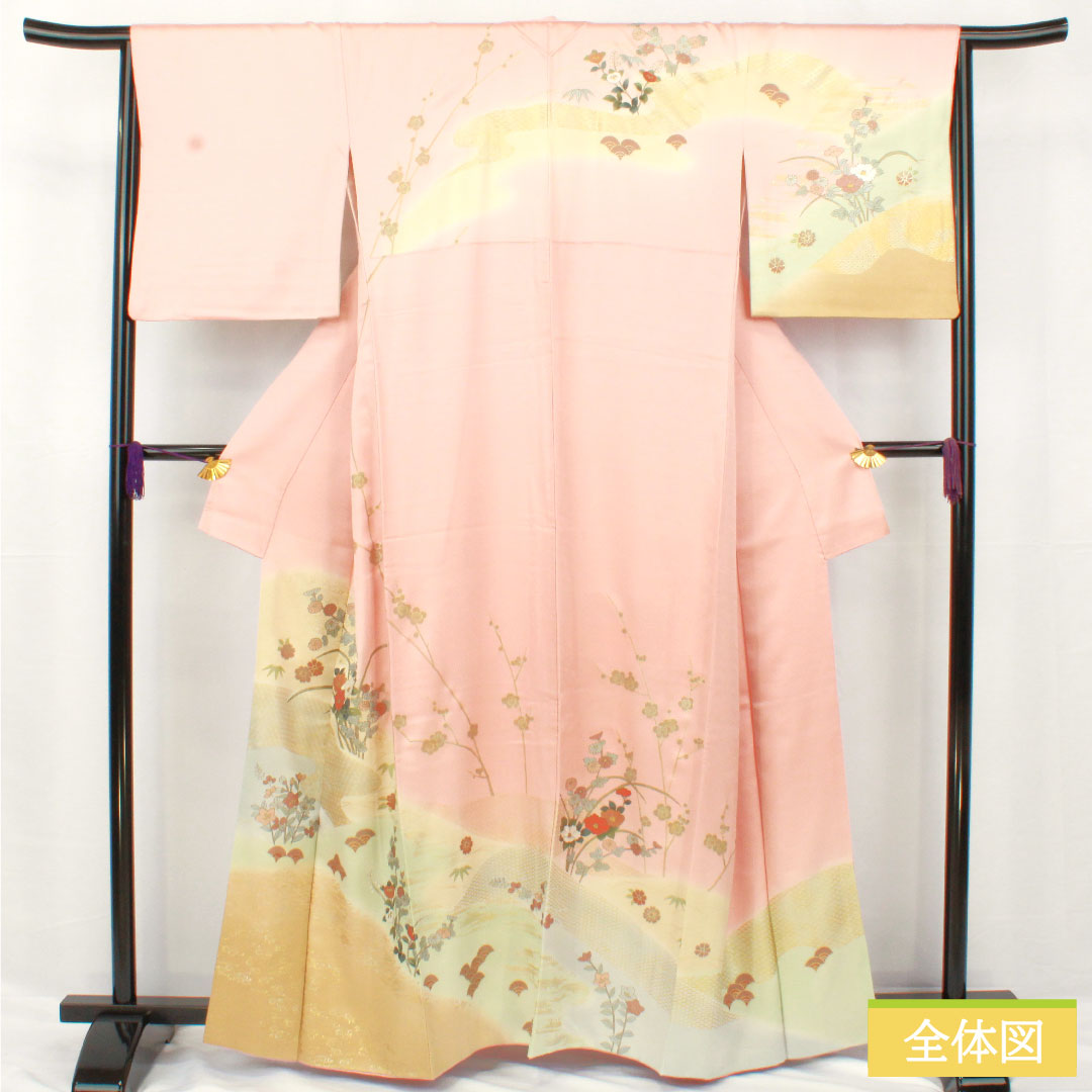 訪問着 正絹 袷 身丈161.5cm 裄丈65.5cm 薄紅梅色(うすこうばいいろ) 京友禅 吉祥文様 Bランク ピンク系 1112006004413