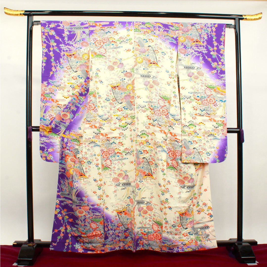 振袖 身丈162cm 裄丈65cm 袷 京紅型 松竹梅 菊 風景模様 正絹 Sランク 白系 1113001632411