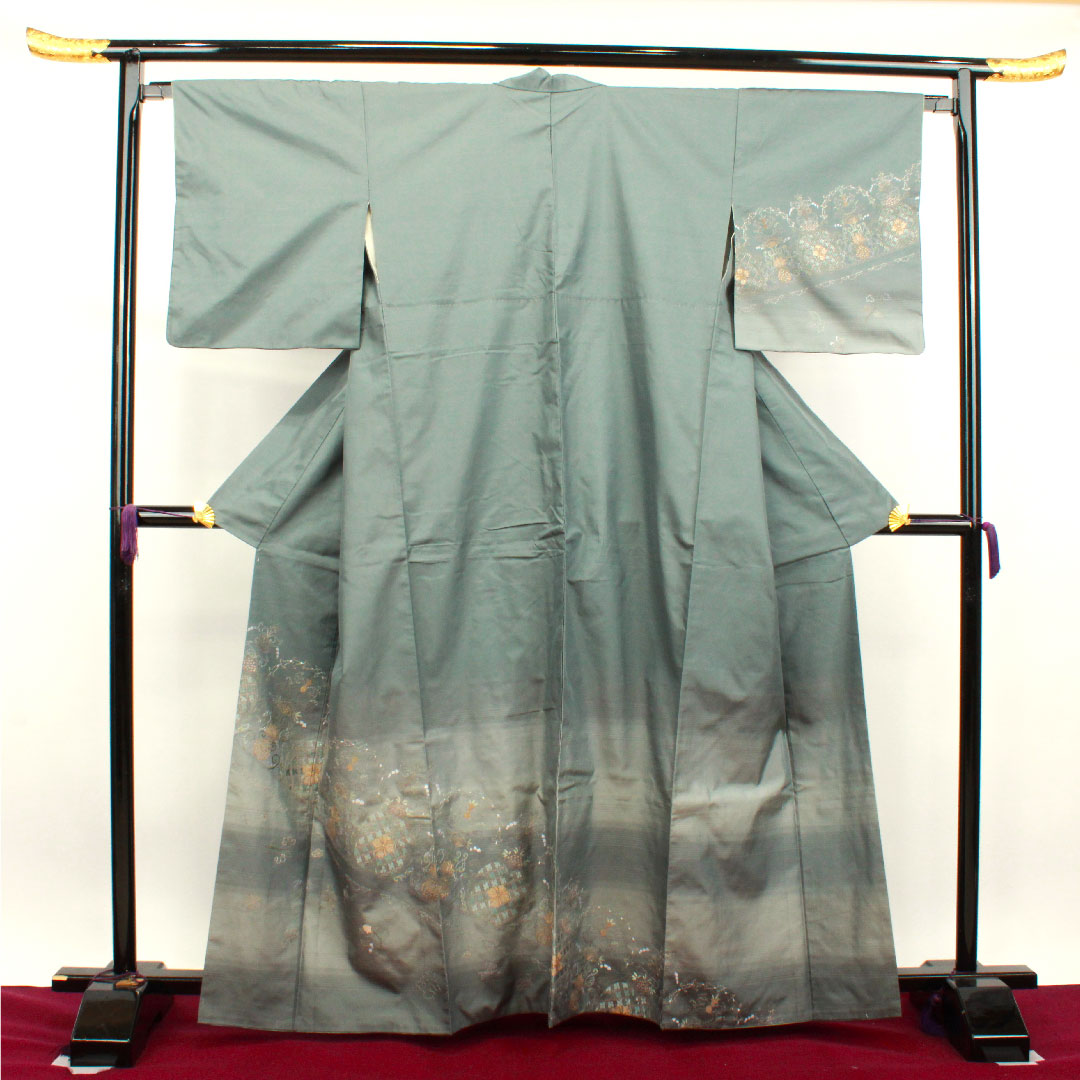 訪問着 正絹 袷 身丈162cm 裄丈65cm 灰青色 蘇州刺繡 紬地 抽象模様 Aランク グレー系 1112002813422