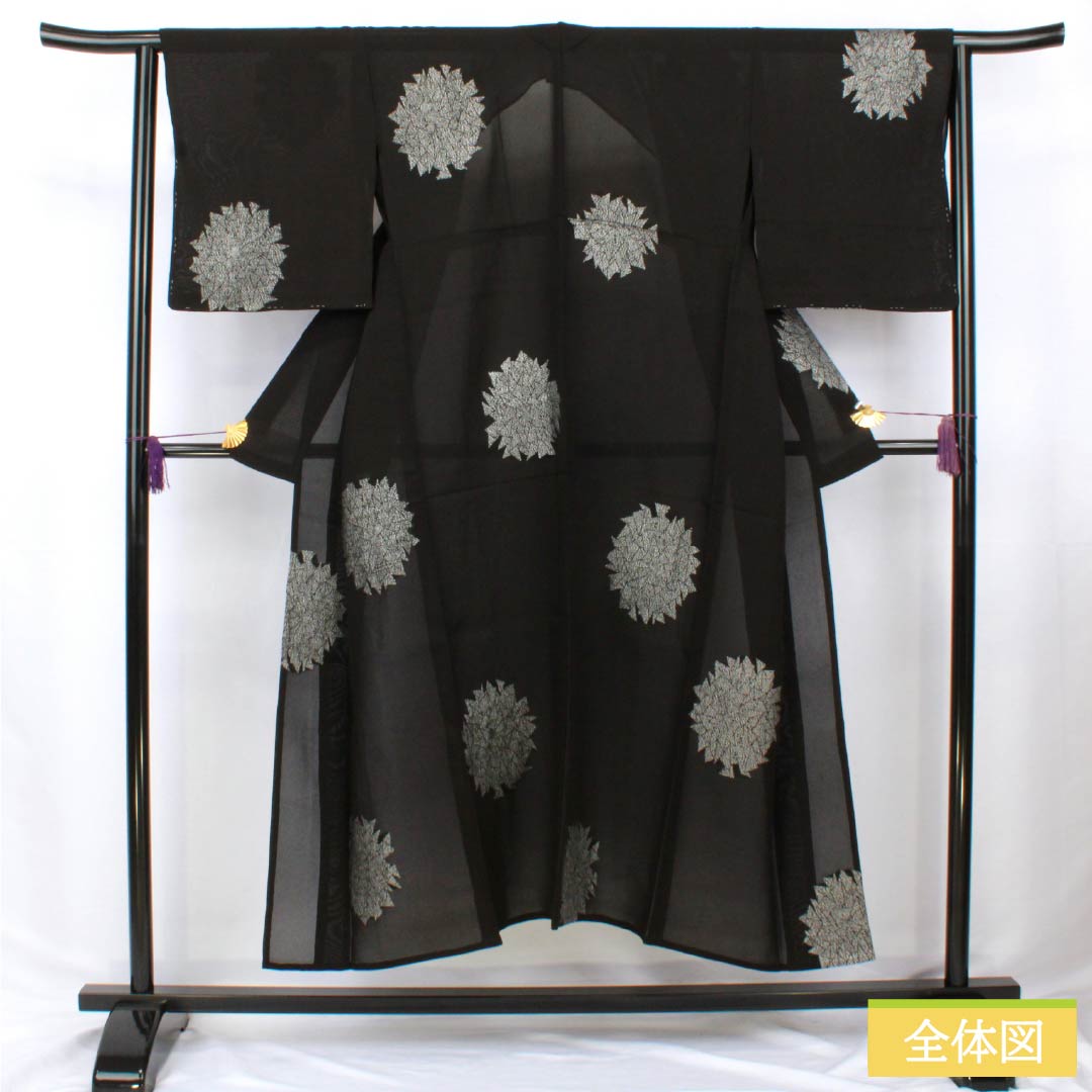 夏物 ポリエステル 小紋 身丈147cm 裄丈64.5cm 縫い取り 抽象模様 紗 Sランク 黒系 1132002412110