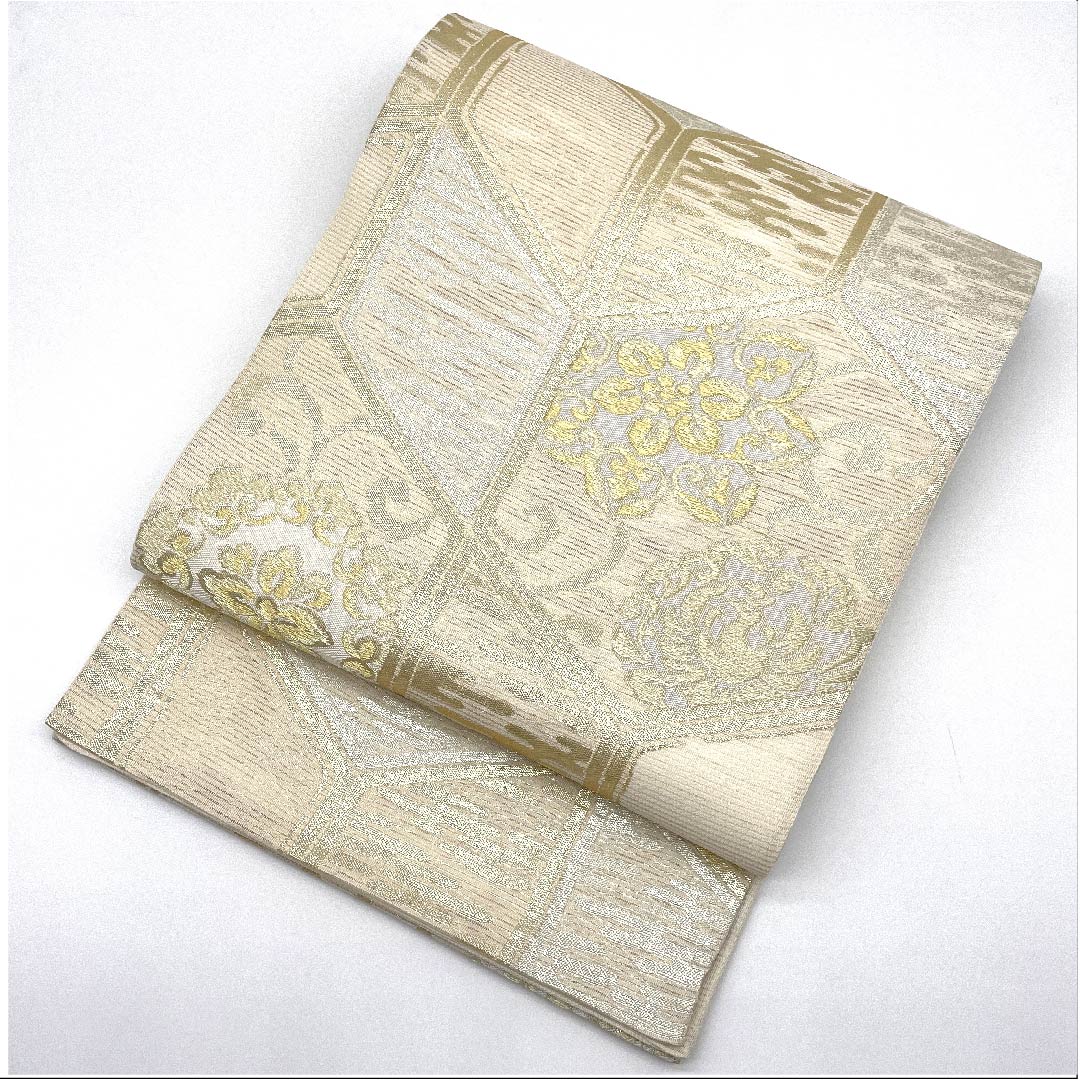 袋帯 生成り色(きなりいろ) 夏帯 華文 亀甲 唐草 帯丈430cm 正絹 Sランク 六通 フォーマル クリーム系 1123007362315