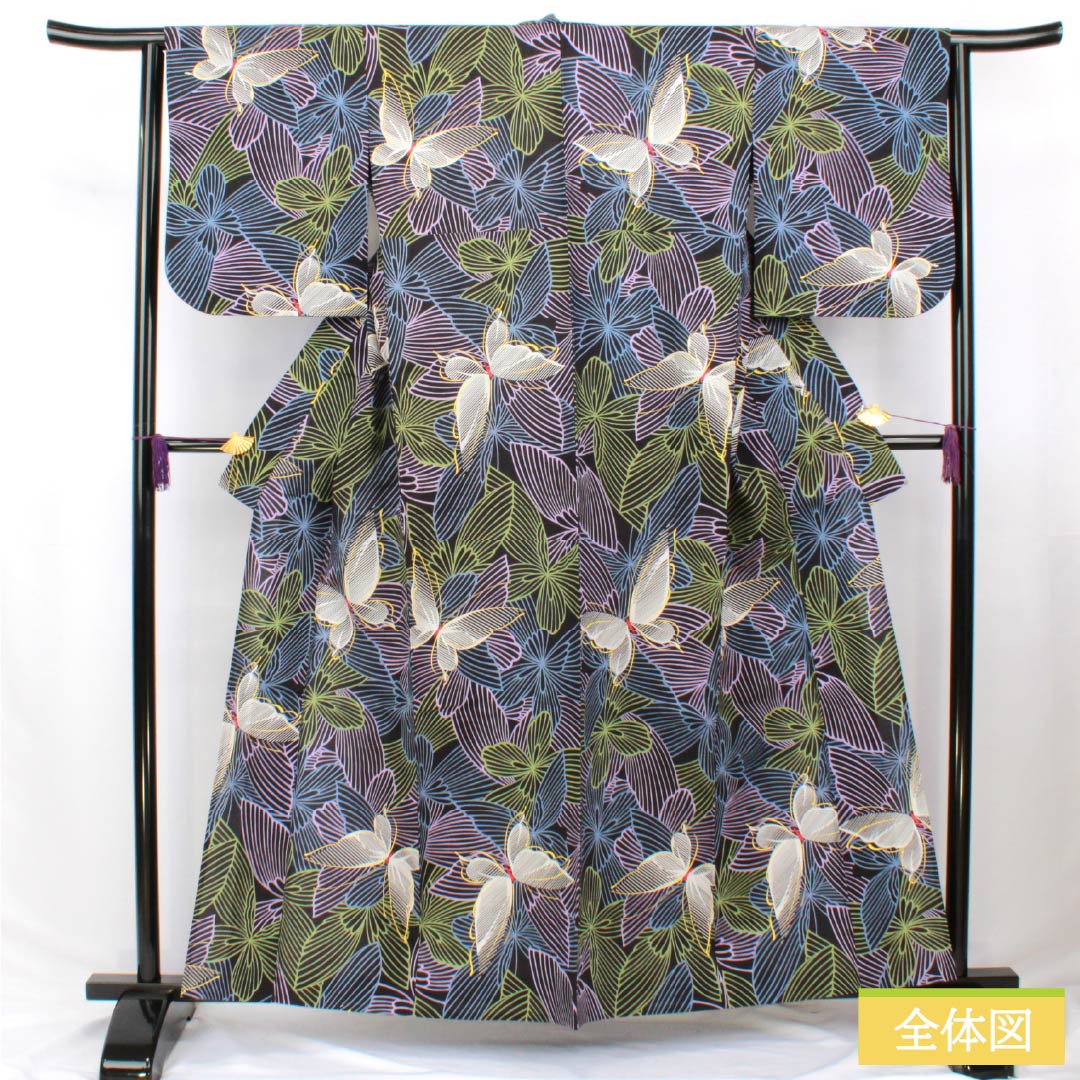 Cotton Yukata, Length 160.5cm, Sleeve Length 63.5cm, S Rank, Single Layer, Black, Butterfly Pattern, 1118006342410